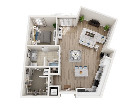 Floor plan for 1 bed, 1 bath, 963 sqft